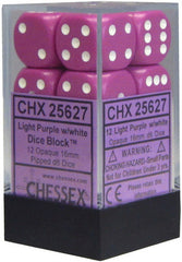 D6 Dice Opaque 16mm Light Purple/White (12 Dice in Display)