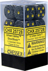 CHX 25728 D6 Dice Speckled 16mm Urban Camo (12 Dice in Display)