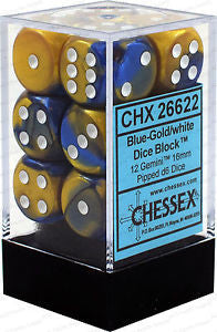 D6 Dice Gemini 16mm Blue-Gold/White (12 Dice in Display)
