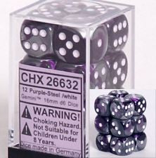 CHX 26632 D6 Dice Gemini 16mm Purple-Steel/White (12 Dice in Display)