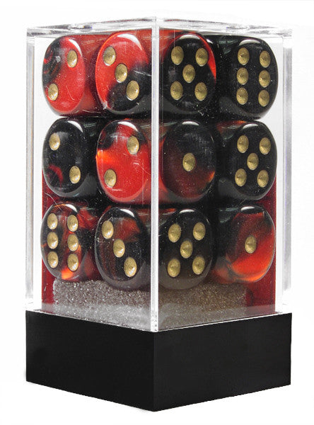 CHX 26633 Chessex D6 Gemini 16mm d6 Black-Red/gold Dice Block (12 dice)