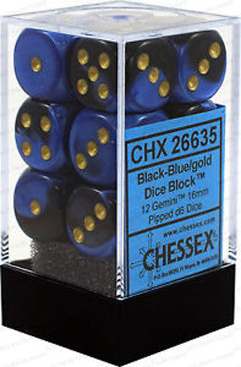 CHX 26635 D6 Dice Gemini 16mm Black-Blue/Gold (12 Dice in Display)
