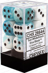 CHX 26644 D6 Dice Gemini 16mm Teal-White/Black (12 Dice in Display)