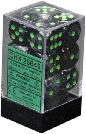 CHX 26645 D6 Dice Gemini 16mm Black-Grey/Green (12 Dice in Display)