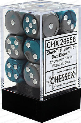 CHX 26656 D6 Dice Gemini 16mm Steel-Teal/White (12 Dice in Display)