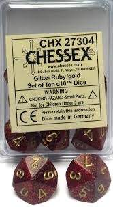 D10 Tens Dice Glitter Ruby/Gold (10 Dice in Display)