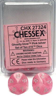 CHX 27324 D10 Tens Dice Ghostly Glow Pink/Silver (10 Dice in Display)