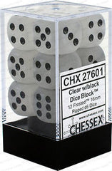 CHX 27601 D6 Dice Frosted 16mm Clear/Black (12 Dice in Display)