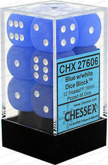 D6 Dice Frosted 16mm Blue/White (12 Dice in Display)