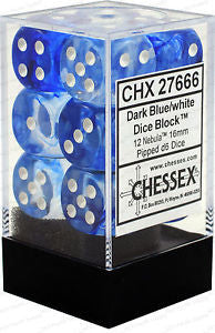 D6 Dice Nebula 16mm Dark Blue/White (12 Dice in Display)