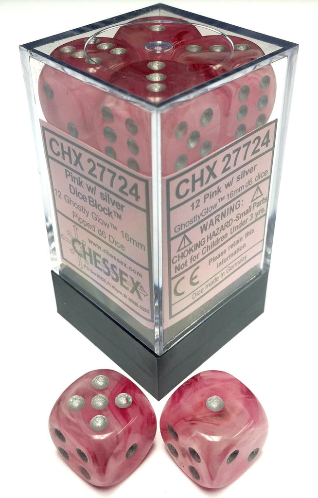 D6 Dice Ghostly Glow 16mm Pink/Silver (12 Dice in Display)