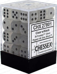 D6 Dice Frosted 12mm Clear/Black (36 Dice in Display)