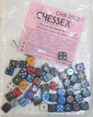 BULK D6 Dice Assorted Loose Speckled 12mm with Pips (50 Dice in Bag)
