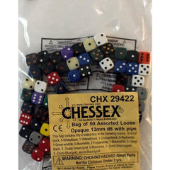 BULK D6 Dice Assorted Loose Opaque 12mm with Pips (50 Dice in Bag)