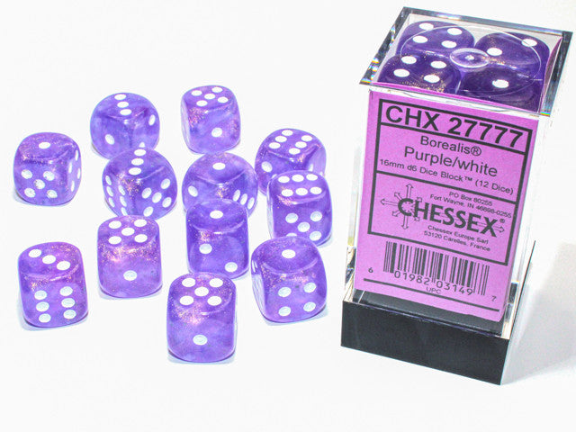 CHX 27777 D6 Dice Borealis 16mm Purple/White (12 Dice in Display)