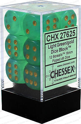 CHX 27775 D6 Dice Borealis 16mm Light Green/Gold (12 Dice in Display)