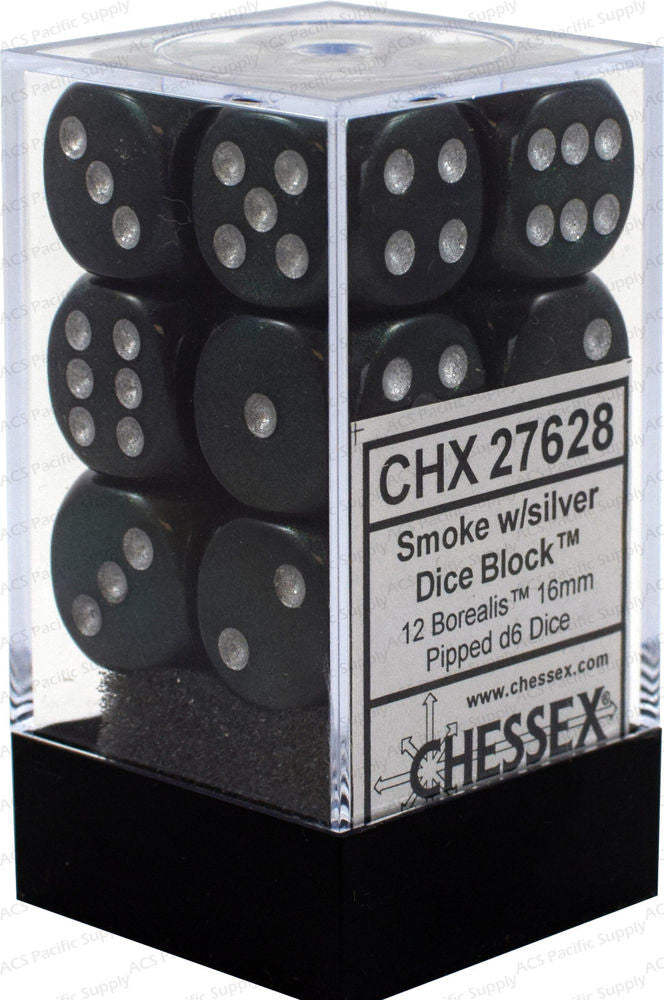 CHX 27778 D6 Dice Borealis 16mm Light Smoke/Silver (12 Dice in Display)