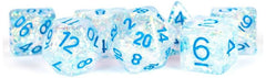 MDG Resin Flash Dice Set 16mm Polyhedral - Clear with Light Blue Numbers