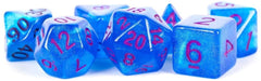MDG Polyhedral Acrylic Dice Set 16mm with Purple Numbers- Stardust Blue