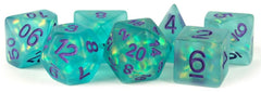 MDG Resin Icy Opal Dice Set 16mm Polyhedral - Teal with Purple Numbers