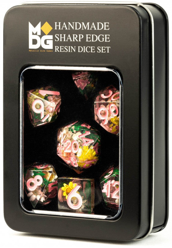 MDG Handcrafted Sharp Edge Resin Dice Set Chrysanthemum w/ Pink Numbers
