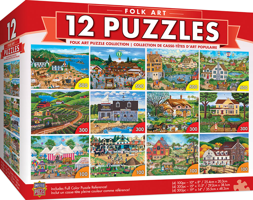Masterpieces Puzzle 12 Pack Folk Art 12 Pack Bundle Puzzles (100 x4 300 x4 & 500 x4)