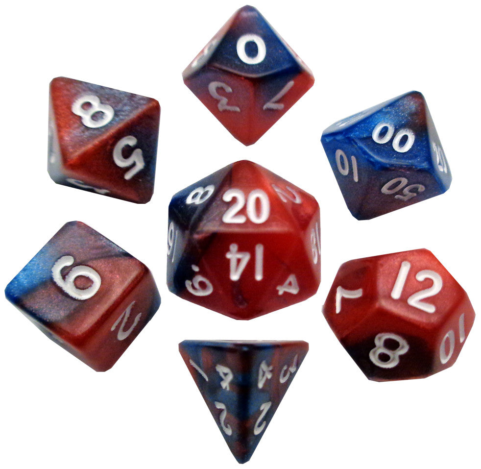 MDG Mini Polyhedral Dice Set White Numbers- Red/Blue