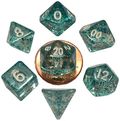 MDG Mini Polyhedral Dice Set White Numbers- Ethereal Light Blue