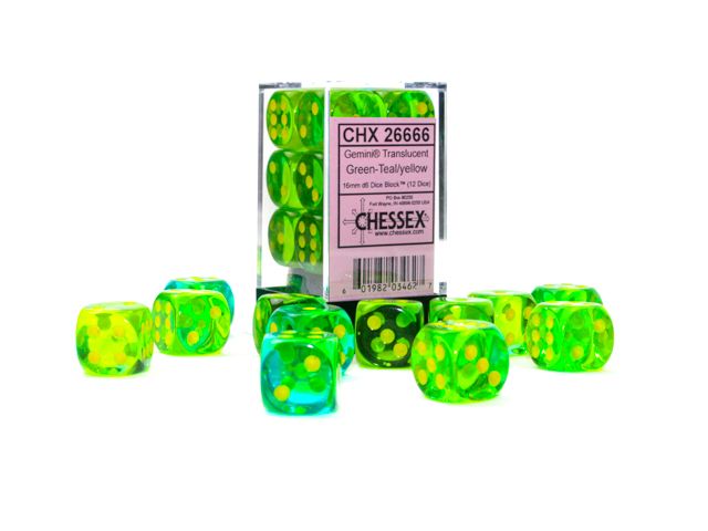 CHX 26666 Gemini 16mm d6 Translucent Green-Teal/Yellow Block (12)