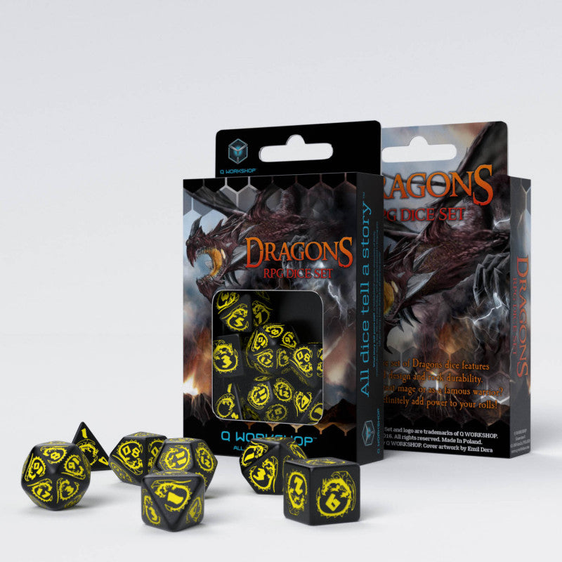 Q Workshop Dragon Black & Yellow Dice Set 7