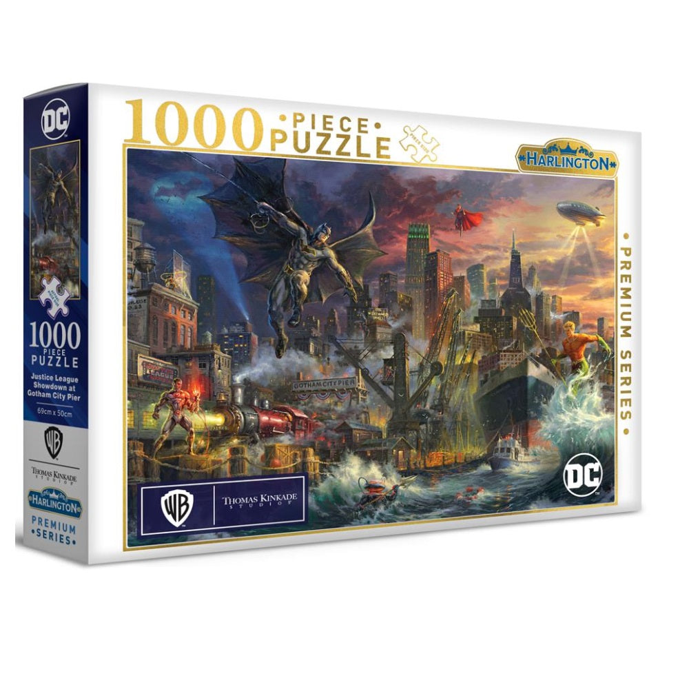 PREORDER Harlington Thomas Kinkade Puzzles - DC Comics - Justice League Showdown at Gotham City Pier 1000pc