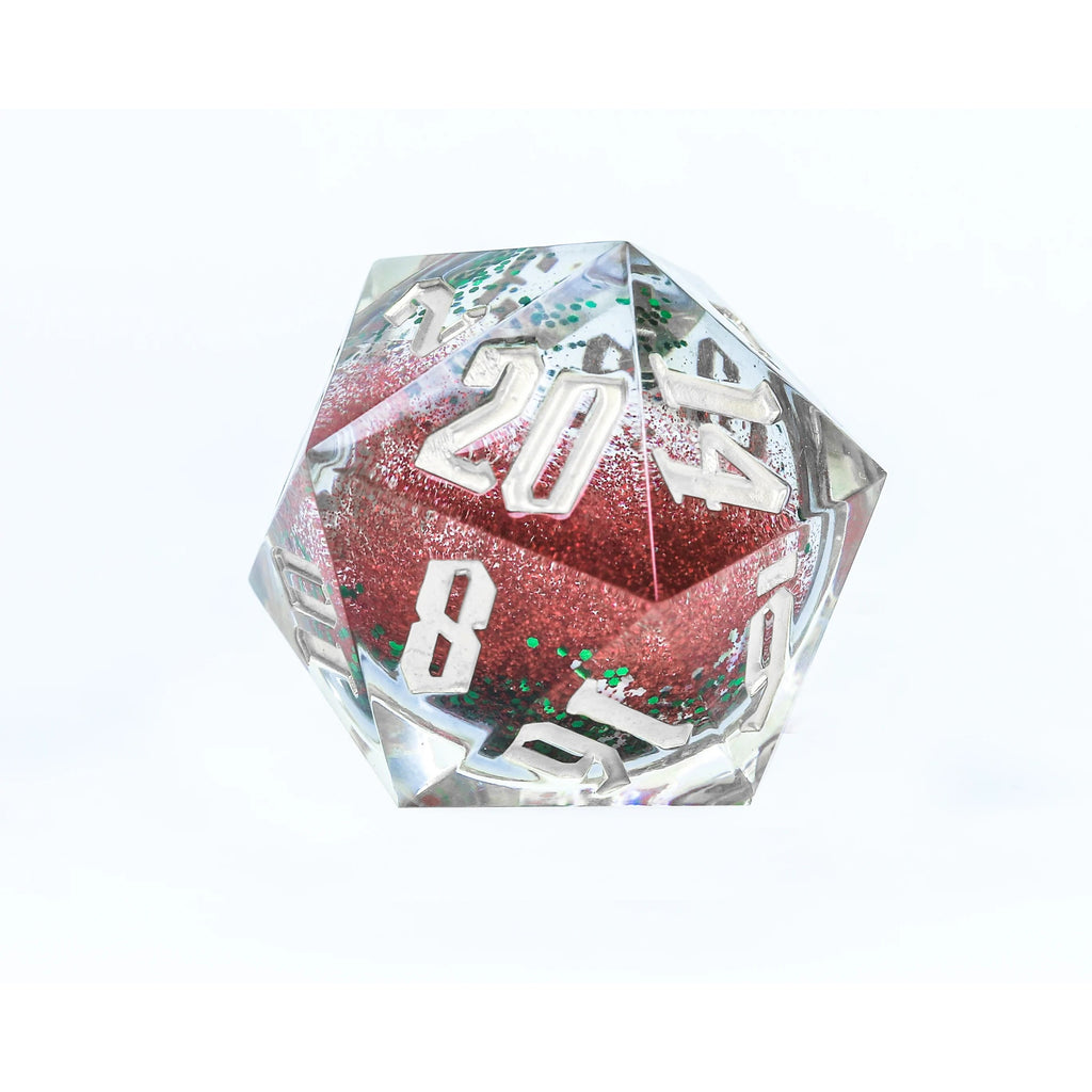 Sirius Dice -  Silver Ink; Red and Green Glitter with Silver Snowflakes D20 Snow Globe