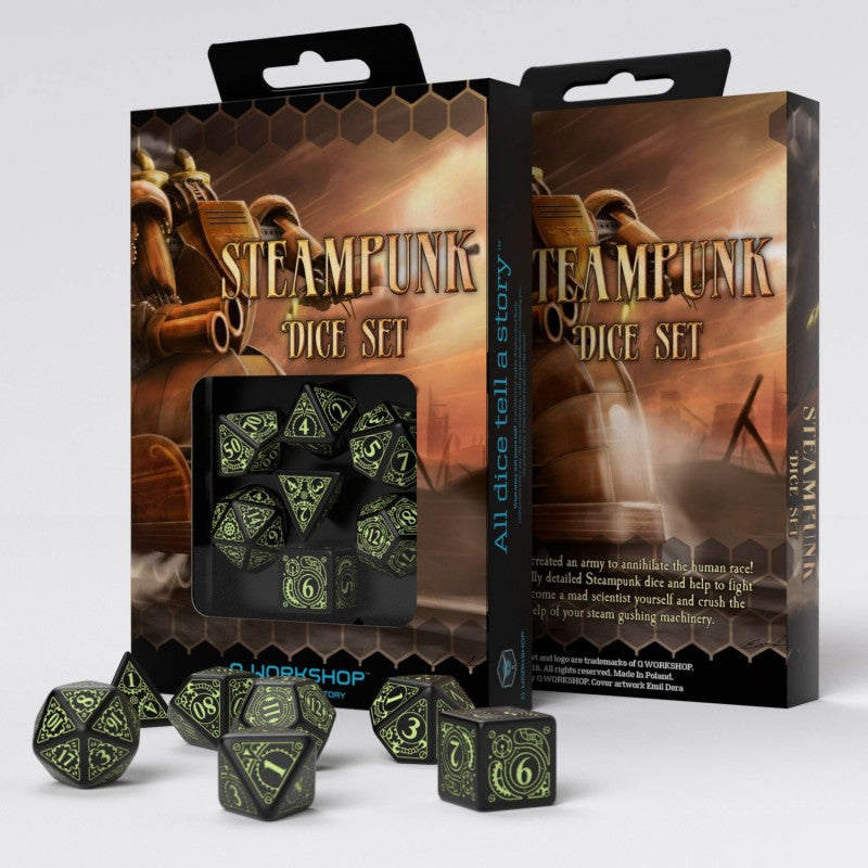 Q Workshop Steampunk Black & White Glow In The Dark Dice Set 7